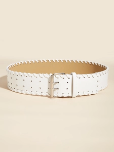 Close-up of white leather belt with cross-stitched edges and silver double-pin buckle