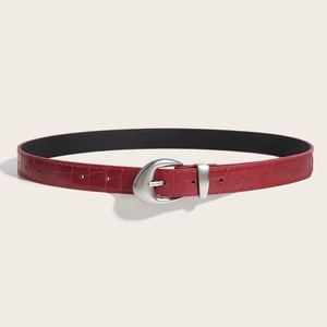 Elegant burgundy faux crocodile leather belt for women with a round silver metal buckle