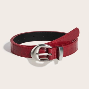 Red crocodile embossed leather belt with silver metal buckle for women denim jeans