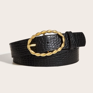 Women's black crocodile pattern leather belt with vintage golden oval buckle detail
