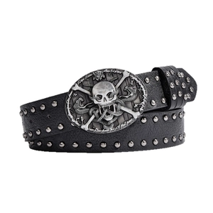 Ceinture punk homme en cuir noir avec double rangée de rivets et boucle crâne en relief