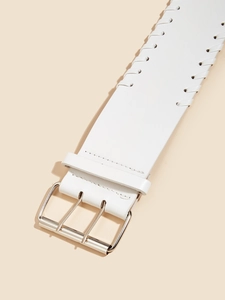 Close-up of white leather belt with braided edge details and silver double-pin buckle