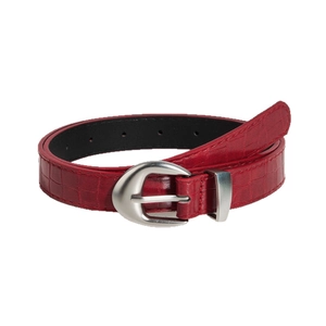 Women's burgundy faux crocodile leather belt with polished silver horseshoe buckle