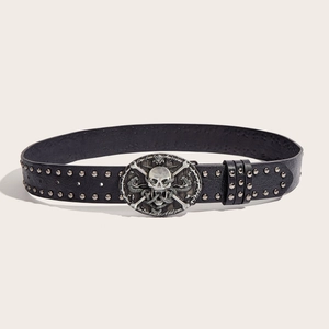 Ceinture punk en cuir pour homme avec rivets argentés et boucle en métal crâne 3D