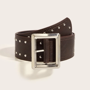Detailed close-up of a wide dark brown leather belt featuring double rows of silver studs