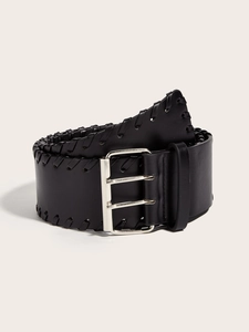 Close-up of a wide black leather belt featuring silver double-prong buckle and woven stitching