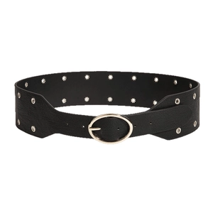 Damen Gürtel Breit Schwarz Punk-Stil mit doppelten silbernen Ösen und Ovaler Schnalle