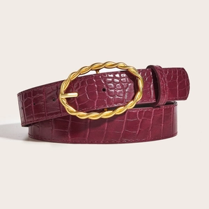 Women's burgundy faux crocodile leather belt with vintage golden twisted buckle