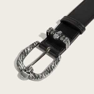 Punk black leather belt featuring silver skull metal buckle and gothic relief studs