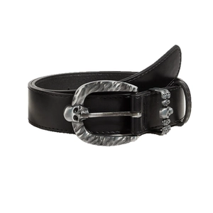 Men's black punk leather belt with silver skull buckle and gothic relief design