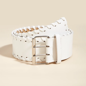 White leather belt with braided edges and silver double-pin buckle on beige background