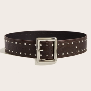 Retro punk style wide brown leather belt with double rows of silver metal rivets