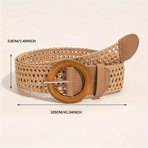 Women's woven boho belt with round wooden buckle and leather trim, size 105x3.8cm