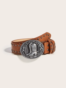 Ceinture en cuir marron avec clous et boucle avec motif de botte de cow-boy