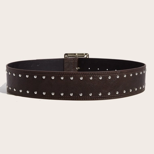 Punk style wide brown faux leather belt with double rows of silver metal studs and square buckle