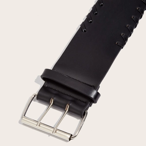 Women black leather belt with silver double prong buckle and braided rope edges