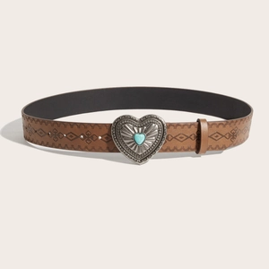 Cintura in Ecopelle Western Vintage Con Grande Fibbia a Cuore in Strass Cintura Marrone con Motivo Goffrato per Uomo Donna