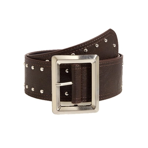 Punk style wide dark brown leather belt with double-row silver rivets and metal buckle