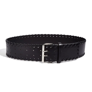 Retro black leather belt with double prong silver buckle and woven edges for women