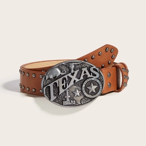 Cintura in pelle marrone con borchie e fibbia ovale Texas in stile western americano