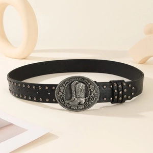 Ceinture punk noire avec rivets en bronze et boucle rétro de botte de cowboy pour loisirs