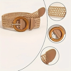 Bohemian Women Woven Waist Belt With Round Wooden Buckle Vintage Straw Style Adjustable Waistband For Dresses Trousers Accessory