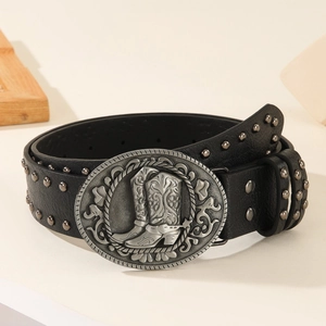 Ceinture punk en cuir noir avec rivets métalliques et boucle de botte de cowboy en relief