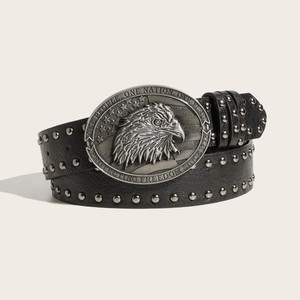 Retro black leather belt with silver rivets and embossed eagle head oval buckle