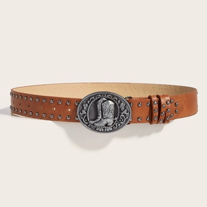 Ceinture en cuir marron avec boucle botte de cowboy et décorations de rivets