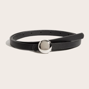 Minimalist black leather skinny belt for women with elegant silver ball metal buckle