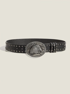 Detail of black leather punk belt featuring vintage eagle buckle and metal studs