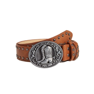Ceinture en cuir marron cloutée avec boucle vintage gravée de bottes de cowboy