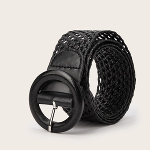 Close-up of black woven belt with matte round buckle and detailed texture for dresses