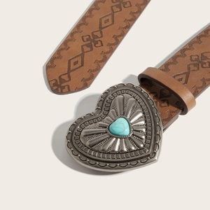 Cintura vintage in pelle marrone con fibbia a cuore argentata e pietra turchese blu
