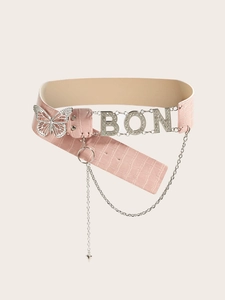 Pink crocodile-pattern belt featuring a silver butterfly rhinestone buckle and metal chain