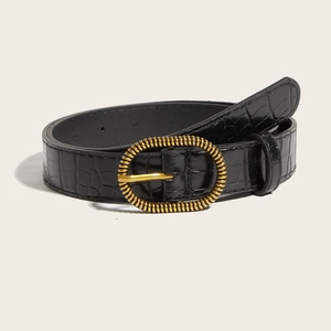 Vintage Y2K black crocodile embossed leather belt with ornate oval gold buckle for women