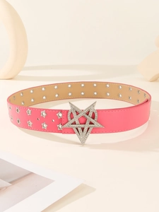 Pink Y2K belt with silver star rivets and a large rhinestone heart buckle detail