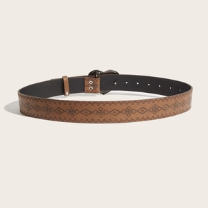 Cintura vintage marrone in pelle con goffratura geometrica e fibbia in metallo a cuore