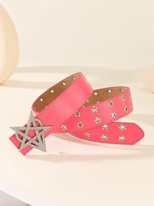 Macro detail of pink PU leather belt featuring rhinestone star buckle and star-shaped eyelets