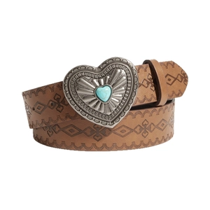 Cintura in pelle marrone con fibbia a cuore vintage e pietra turchese in stile western