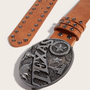 Cintura in pelle marrone con rivetti argento e fibbia in metallo Texas vintage