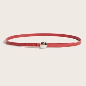 Minimalist red leather skinny belt for women with elegant round silver metal buckle