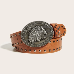Vintage brown leather belt with metal studs and eagle American flag relief buckle