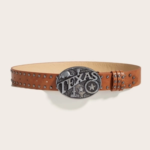 Cintura vintage in pelle marrone con fibbia in metallo Texas e borchie doppie