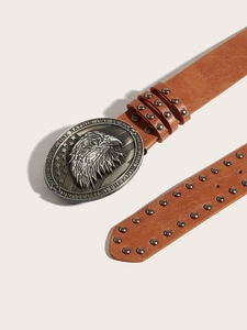 Detail of retro leather belt with silver studs and eagle American flag alloy buckle