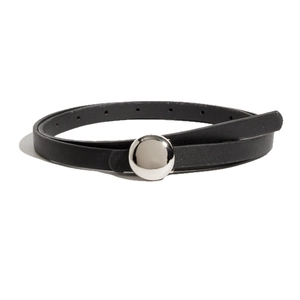 Minimalist black leather belt for women featuring a polished silver circular metal buckle