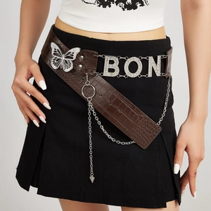 Vintage Y2K dark brown croc-pattern belt with silver butterfly and BON rhinestone buckle