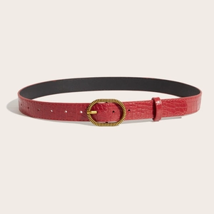 Vintage Y2K red crocodile embossed leather belt with oval golden metal buckle for jeans