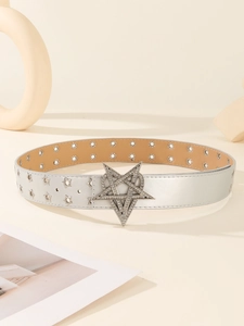 Detail of silver punk belt with rhinestone star buckle and metallic star cutouts