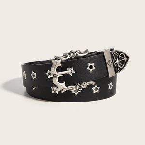 Ceinture en Cuir PU Gothic Punk pour Femmes Hommes Rivets Étoiles Boucle Coeur Évidée Vintage Rock Star Hip Hop Mode